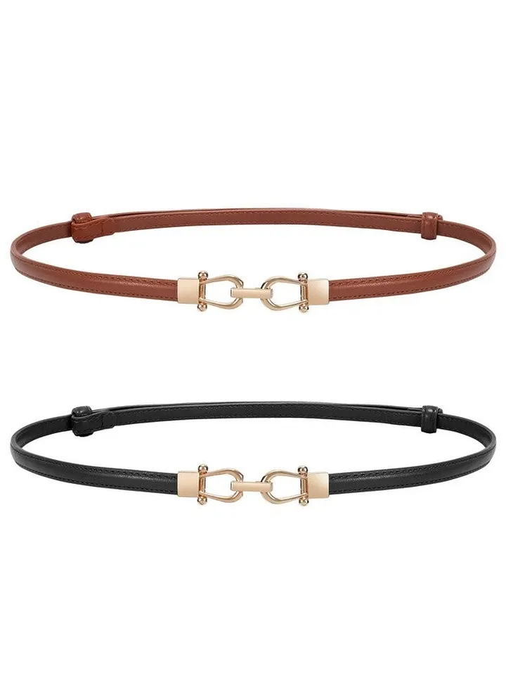 2 Pack Women Skinny Belt For Dressthin Waist Belt Adjustable Leather Belt With Gold Buckle Brown+Black Fit Waist Size Below 37 Inches