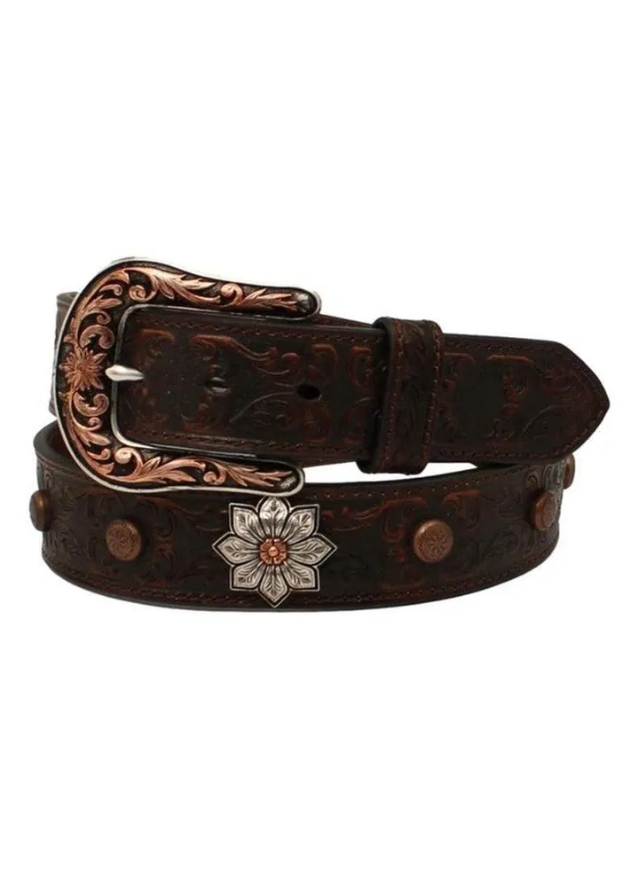 Ladies Genuine Leather Belt Floral Embossed With Large Flower Conchos Antique Copper Accents Brown Large