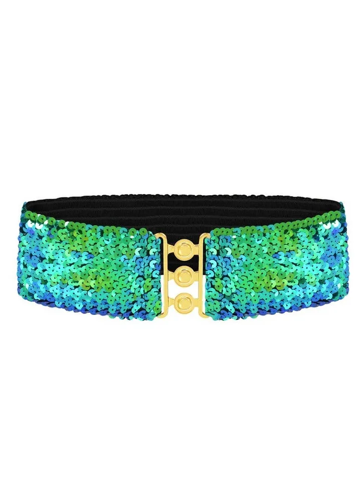 Women'S Sparkly Glitter Sequin Wide Stretch Elastic Belt Accessorymermaidone Size