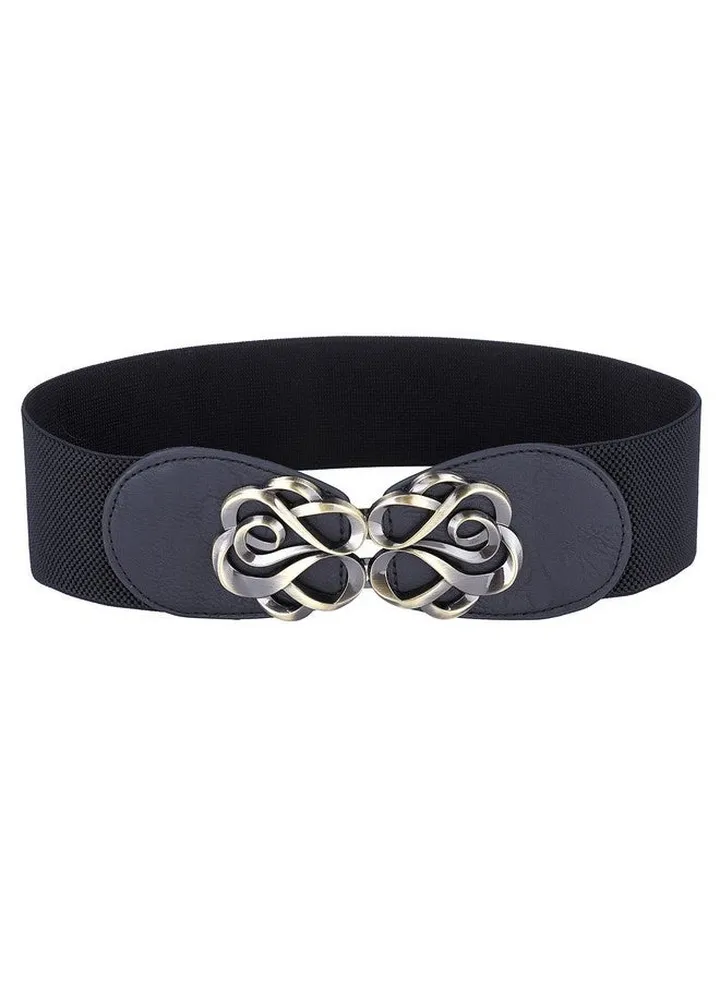 Lady Black Stretch Band Cinch Belt Dress Ornament Size L Black (Cl04131)