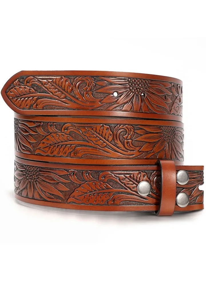 Men Women Cowboy Cowgirl Belt Strap Leather Western Belt Strap With Bullfloral Engraved For Jeans Pants 1.5'' Wide Sunflower Brown Fits Wasit Size 3034 Inches