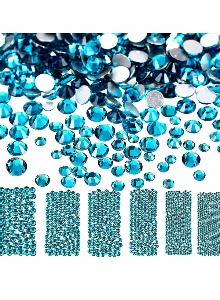 Nail Crystals Nail, Jewels Champagne Rhinestones, Round Beads, Flatback Glass Charms, Gems Stones with 6 Size (Peacock Blue, 2880 Pieces)