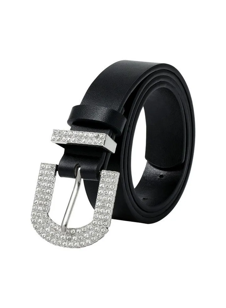 Rhinestone Buckle Belt For Women Pu Leather Plus Size Belts For Jeans And Dress (Black130Cm)L Fits Waist From 34''42''