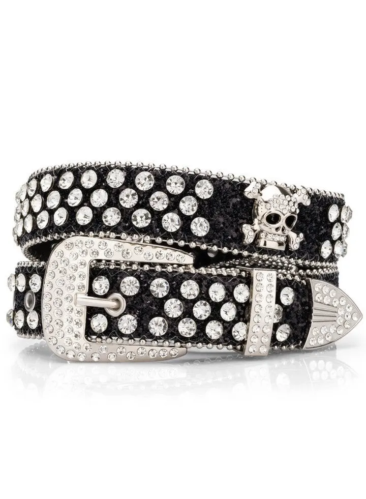Black Rhinestone Belt Men Women Bling Skull Belt Vintage Studded Belt Cowboys M
