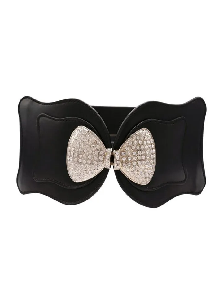 Women Black Wide Fashion Belt Hip High Waist Elastic Band Silver Bow Buckle Size S M