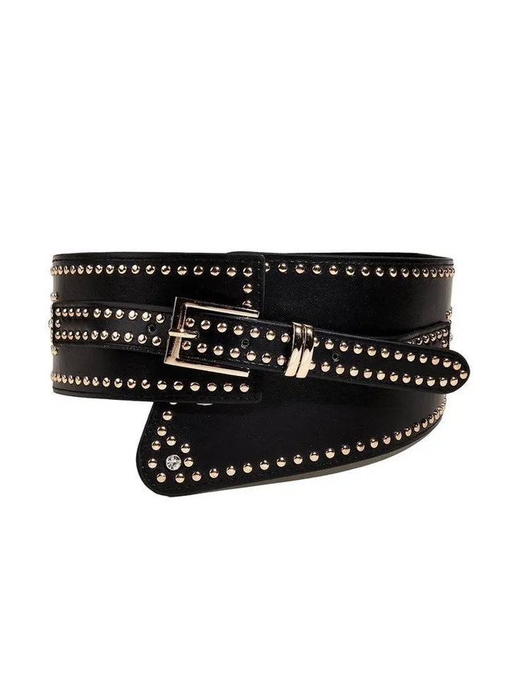 Women'S Studded Leather Wide Belts Punk Waist Belt Waistbands Black 90