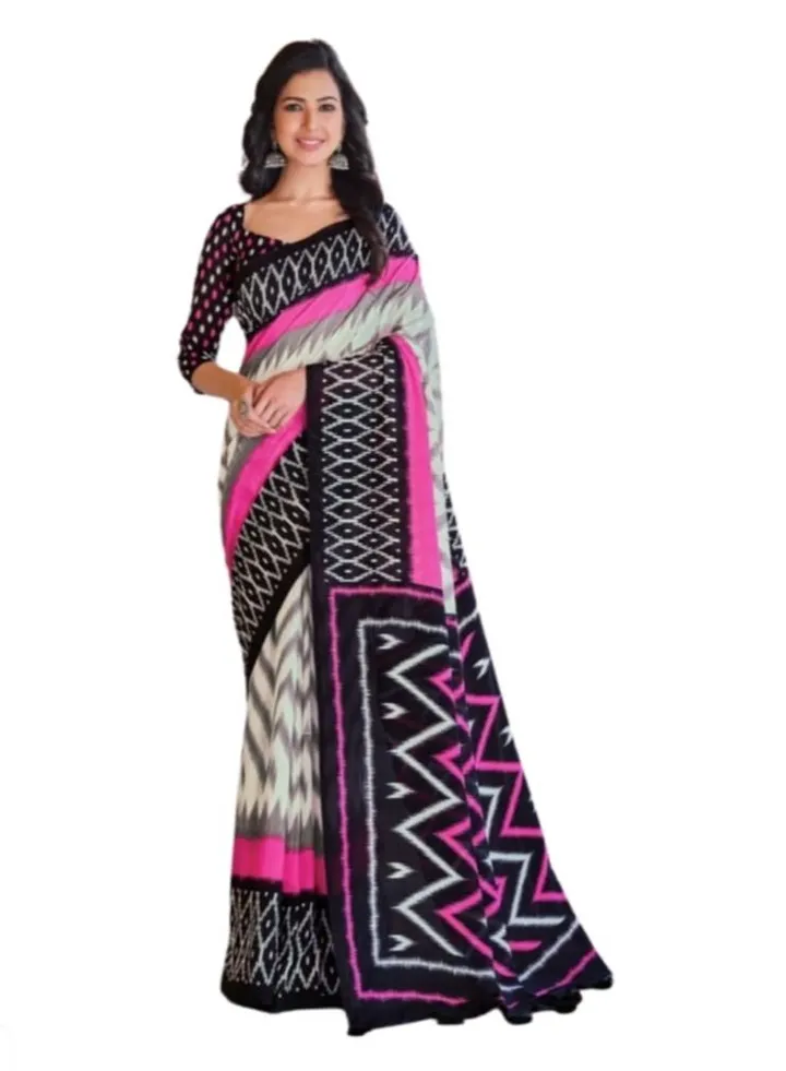 Mal Mal Cotton White Black Pink Saree Printed With Unstitched Blouse
