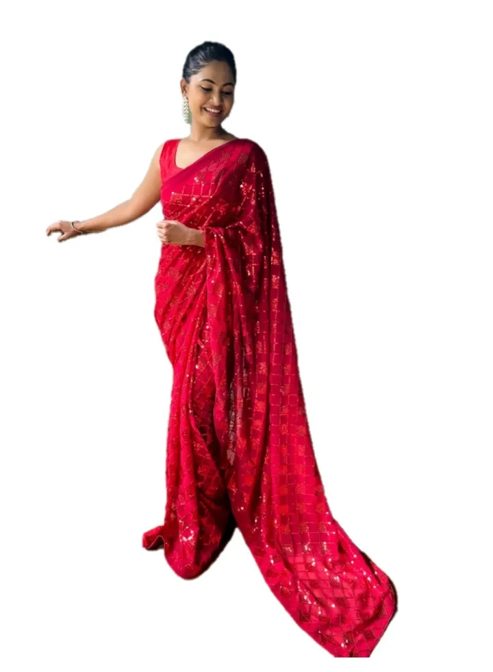 Georgette Red Colour Saree With Sequence Work Plus Unstitched Blouse