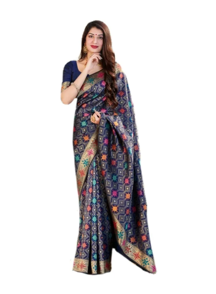 Blue Banaras Silk saree with border and Multicolour print Plus unstitched blouse