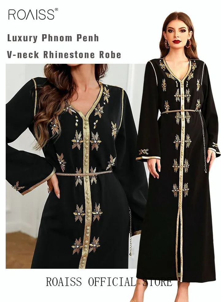 Women Luxury Phnom Penh V-neck Rhinestone Robe Maxi Dresses Modern Stylish Abaya Hand Sewn Drill Dress Middle East Arabic Banquet Wedding Party Dress Women's Festival Clothing