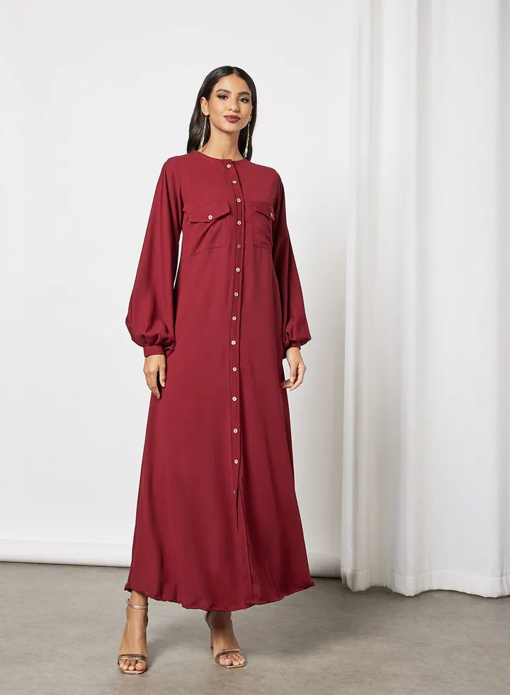 Button Detail Maxi Modest Dress