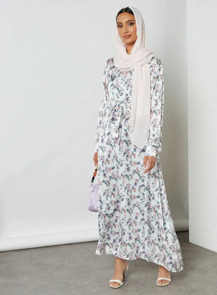 Floral Printed Long Sleeves Round Neck Modest Dress Multicolour