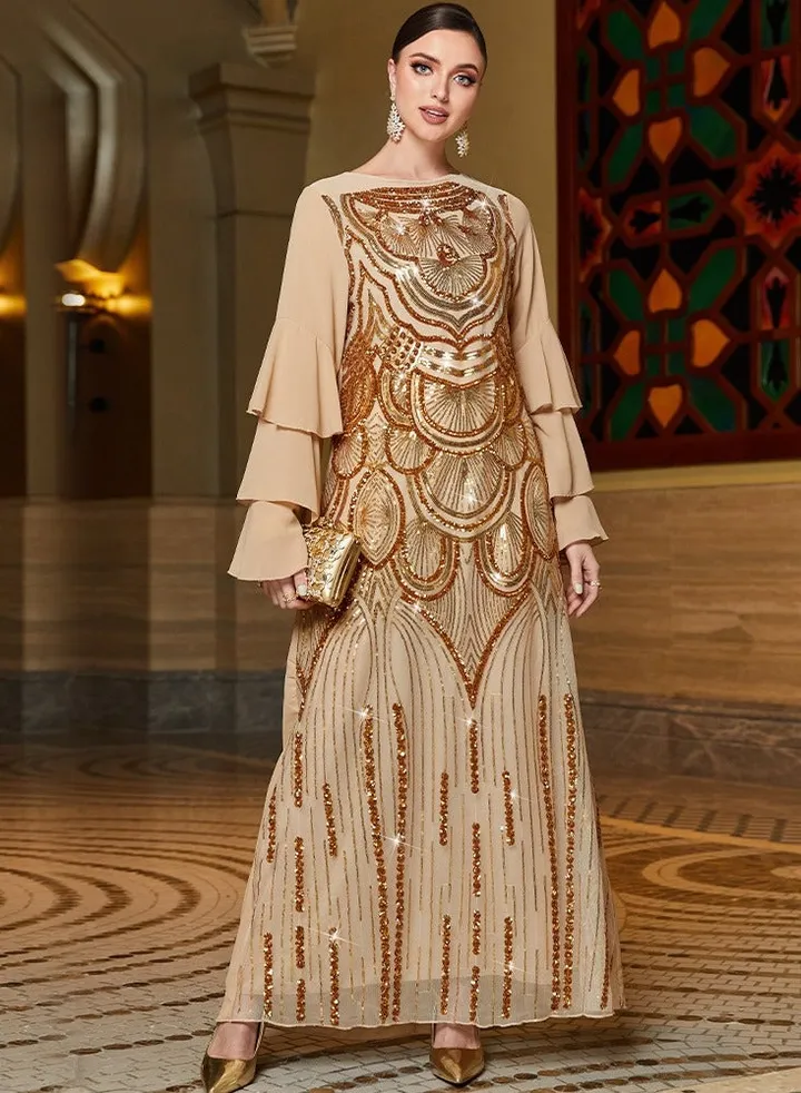 Gold Multi-Layer Lotus Leaf Sleeve Positioning Sequin Embroidery Robe
