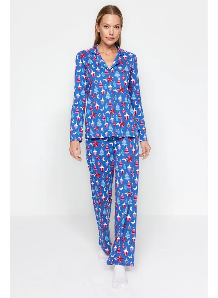 Blue 100% Cotton Christmas Themed Shirt-Pants and Knitted Pajamas Set THMAW24PT00054