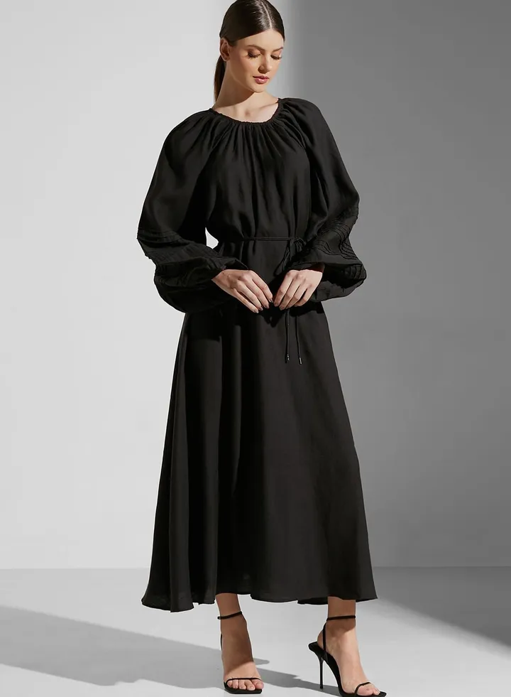 Balloon Sleeve Pleated Dress
