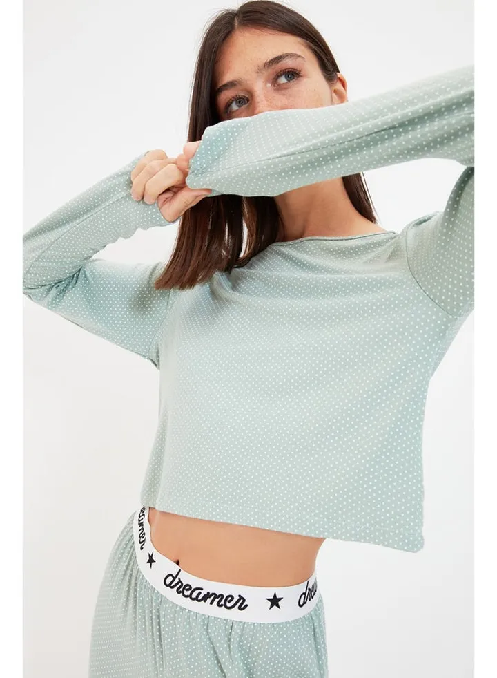 Mint 100% Cotton Polka Dot Rubber Detailed T-shirt-Pants Knitted Pajama Set THMAW21PT0588