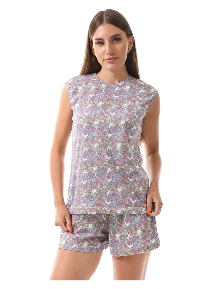 Leaves Sleeveless White Pajama Set