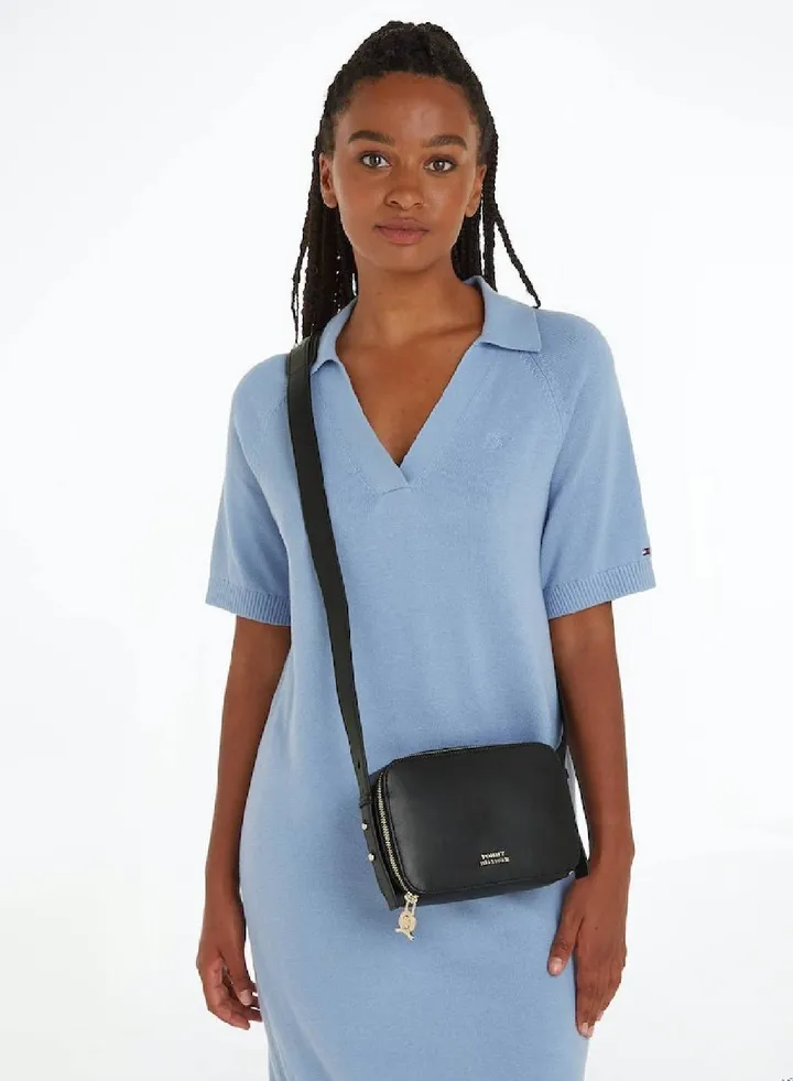 Women's Leather Metal Logo Small Crossover Bag - Leather, Black