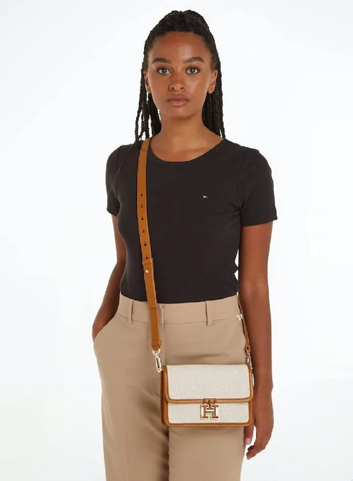 Women's Th Monogram Small Canvas Crossover Bag - Cotton mix canvas, Grey/ Beige