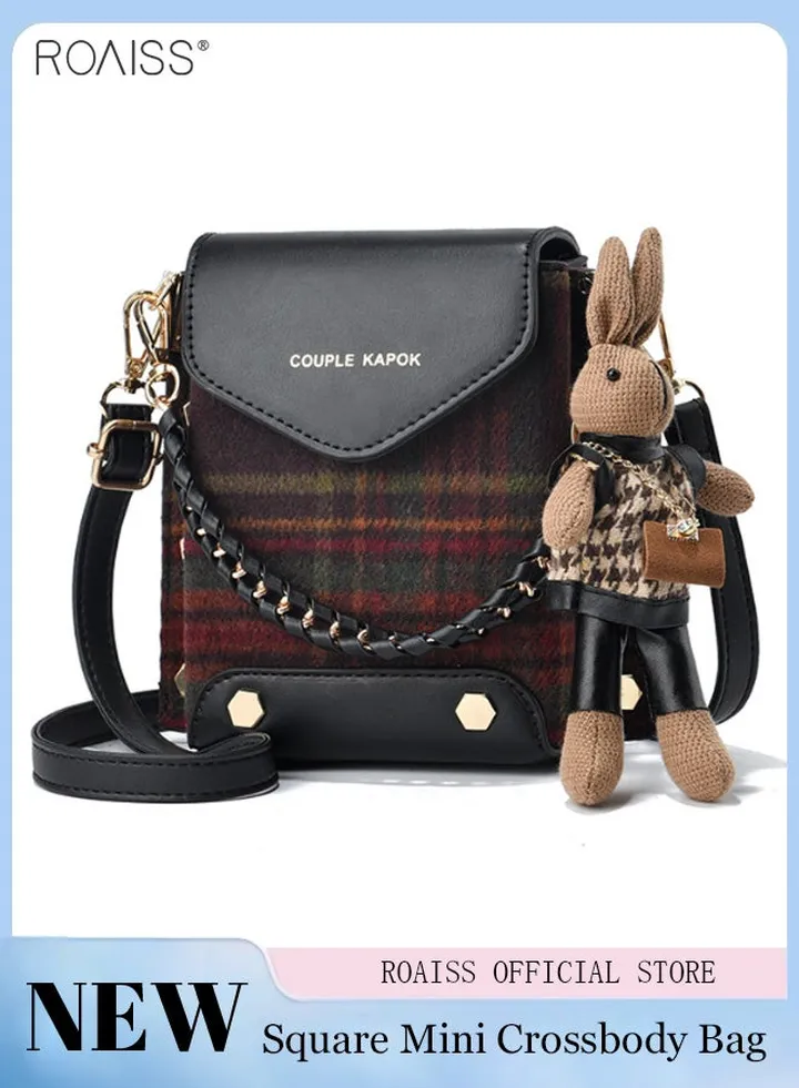 Stitched Plaid Small Square Bag Women'S Fashion Versatile Crossbody Bag Pu Leather Plaid Woolen Spliced Adjustable Shoulder Strap Shoulder Bag