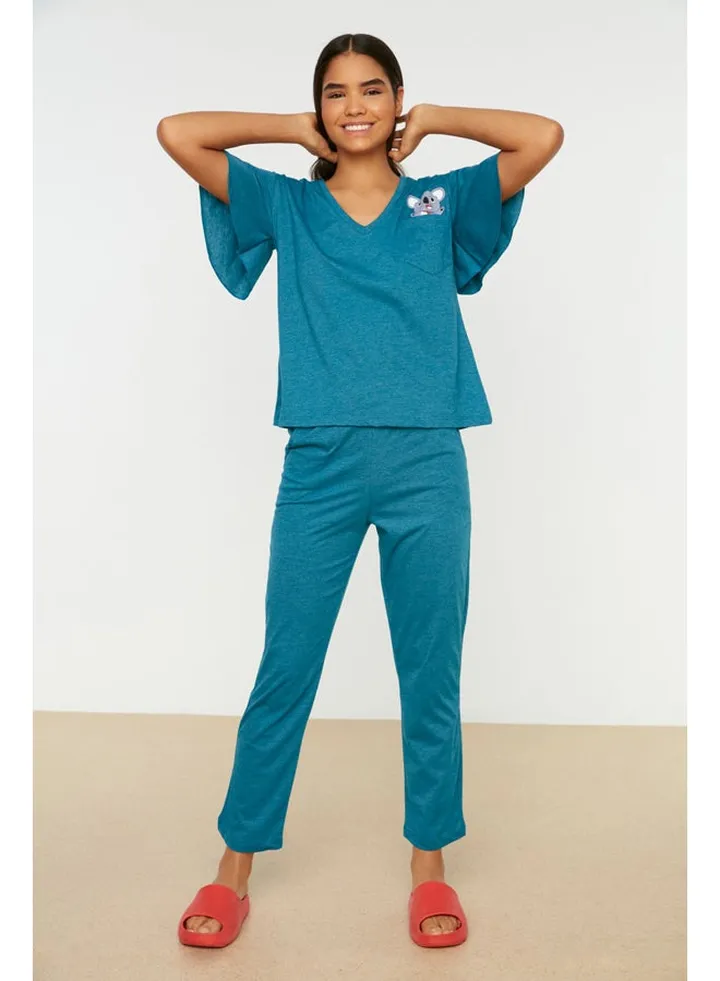 Petrol Cotton Koala Printed Sleeve Flounce Detail T-shirt-Pants Knitted Pajamas Set THMSS20PT0172
