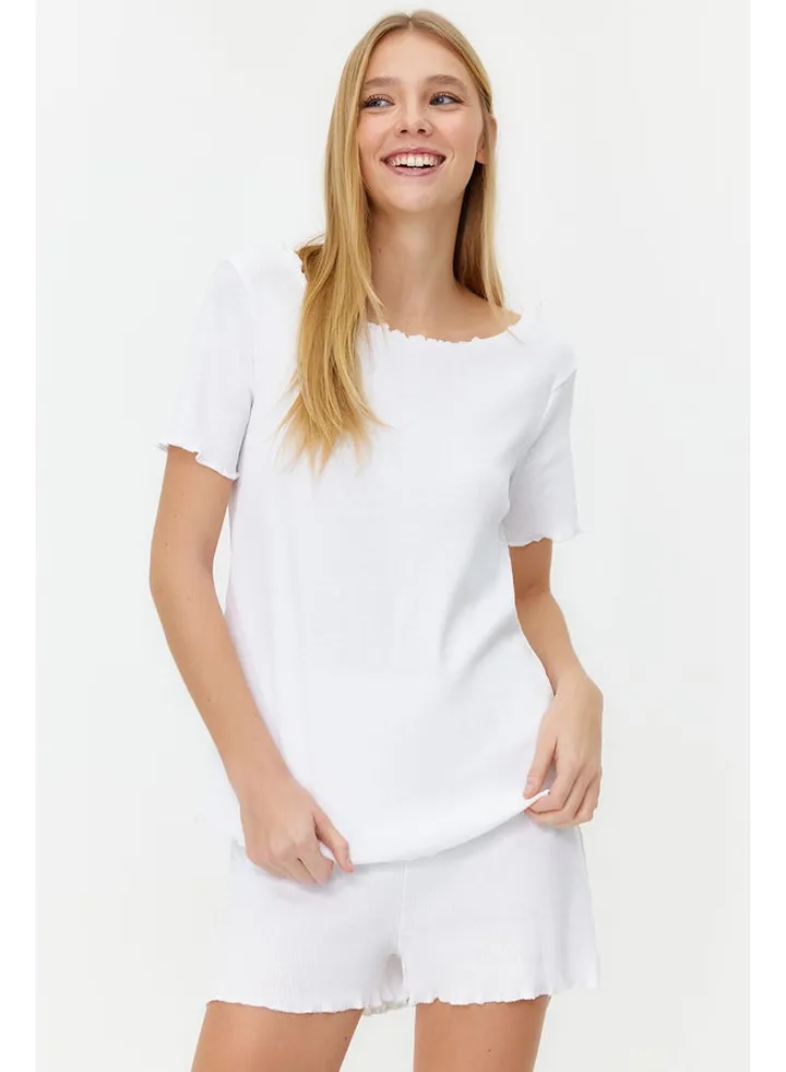 White Corduroy T-shirt-Shorts and Knitted Pajamas Set THMSS21PT0259