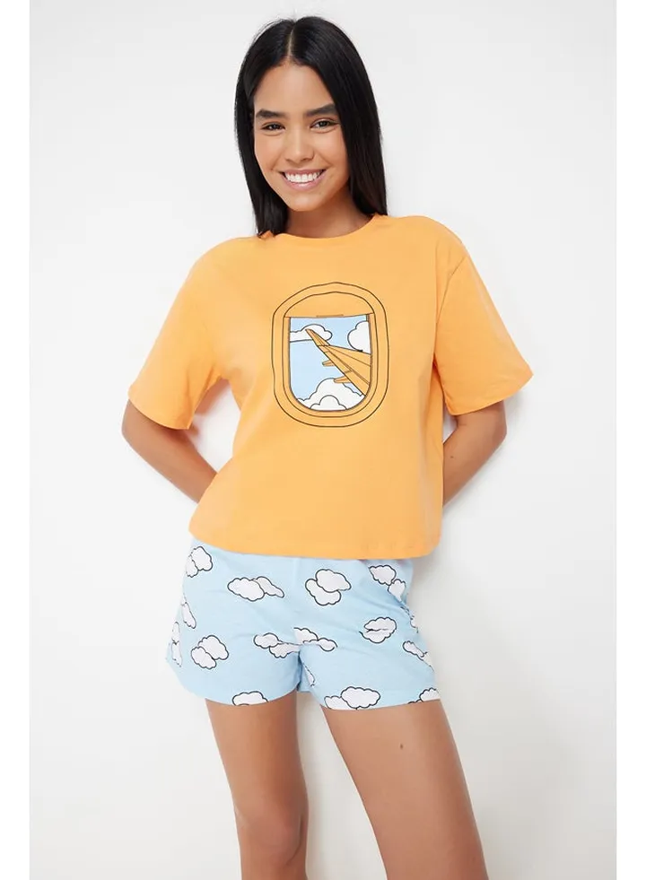 Orange 100% Cotton Cloud Patterned Tshirt-Shorts Knitted Pajama Set THMSS24PT00038