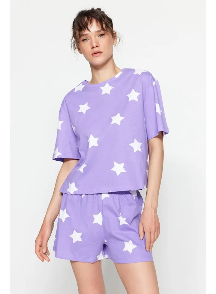 Lilac 100% Cotton Star Printed T-shirt-Shorts Knitted Pajama Set THMSS22PT0501