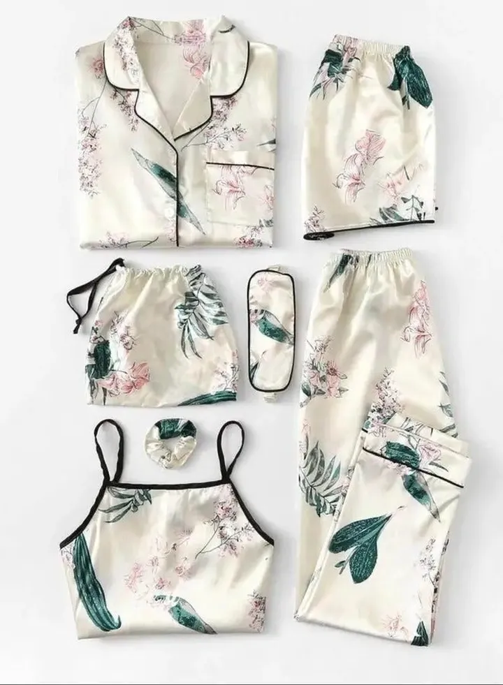 7pcs Floral Print Satin Pajama Set