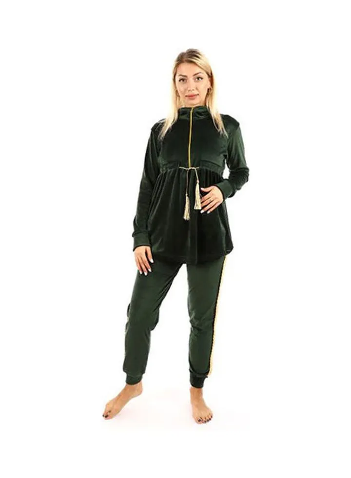 Women Velvet Long Sleeve Pe Jama Set Olive