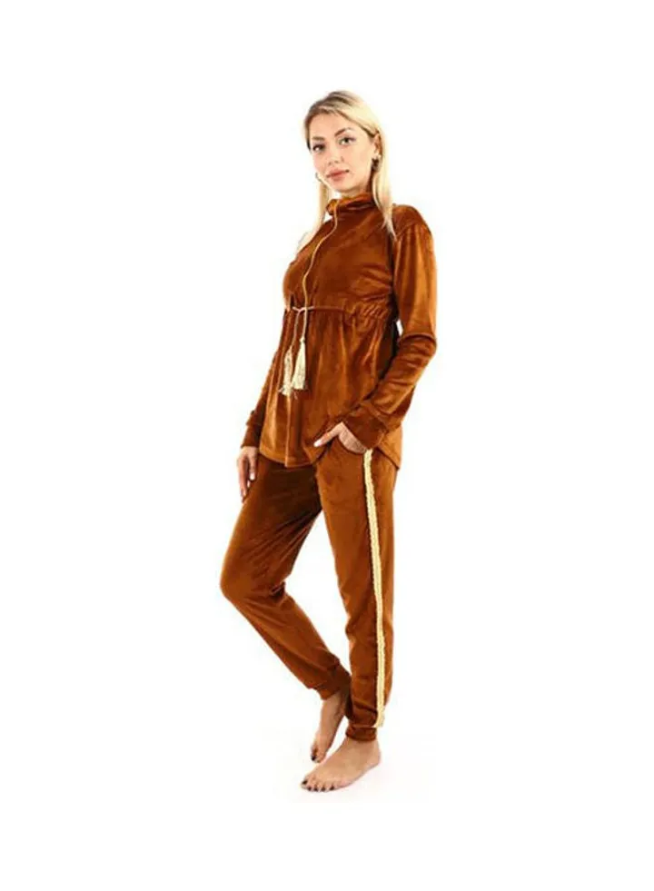 Women Velvet Long Sleeve Pe Jama Set Brown