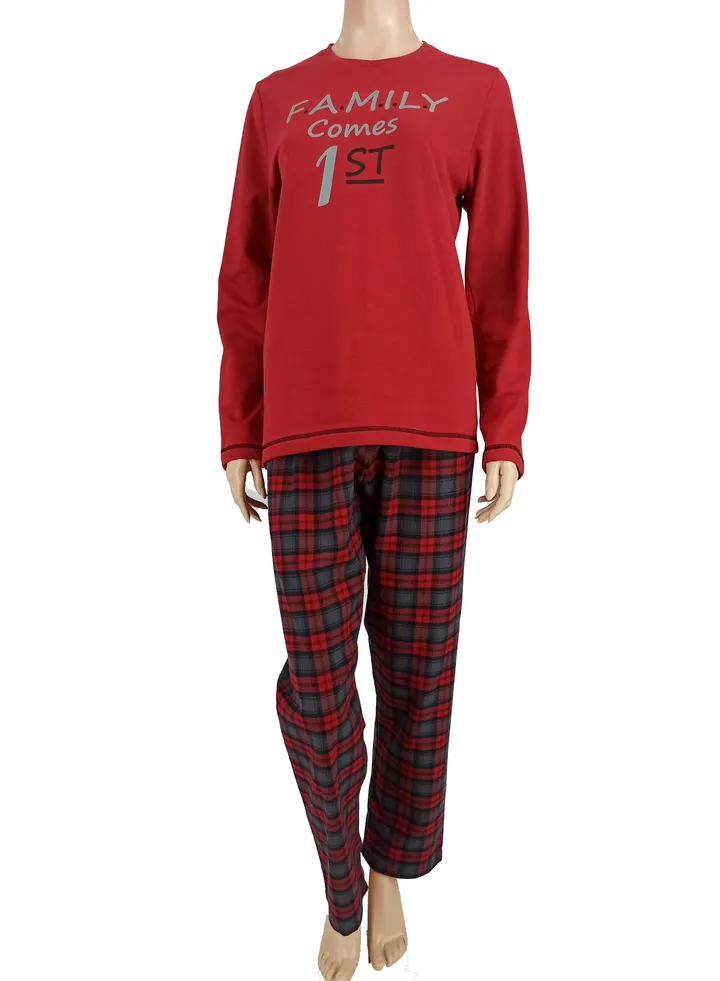 Women Winter Pajama Set Long Sleeve & Carre Aux Bottom -Red