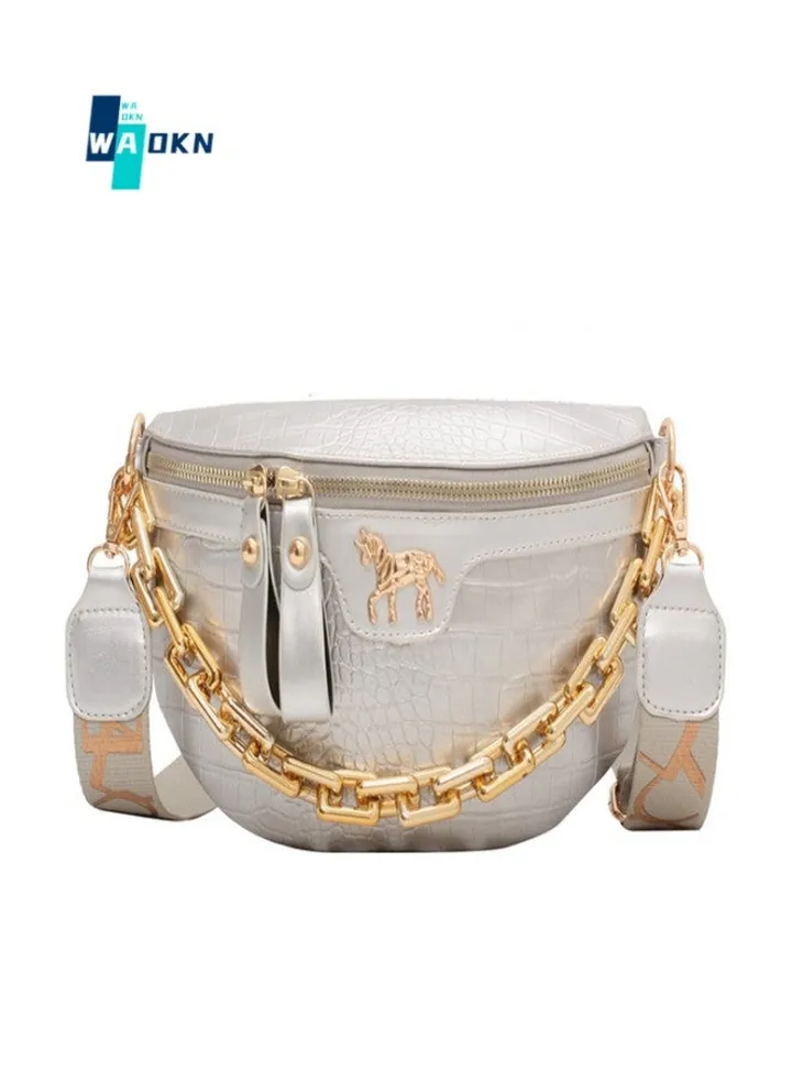 Women's Acrylic Chain Crossbody Bag, Women's PU Leather Shoulder Bag Hand Bags Sling bag, Crocodile Leather Textured Mobile Phone Bag Coin Purse Carrying Bag Side Bag (White)