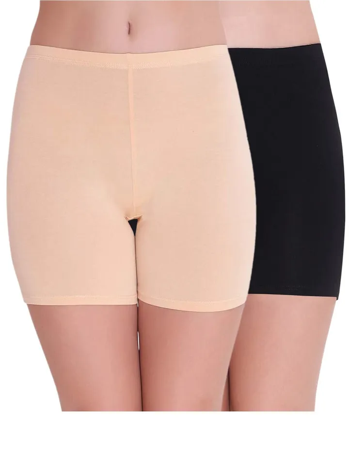 Women's Cotton Lycra Cycling/Yoga/Night/Under Skirt Safety Shorts (Pack of 2), Black/Beige