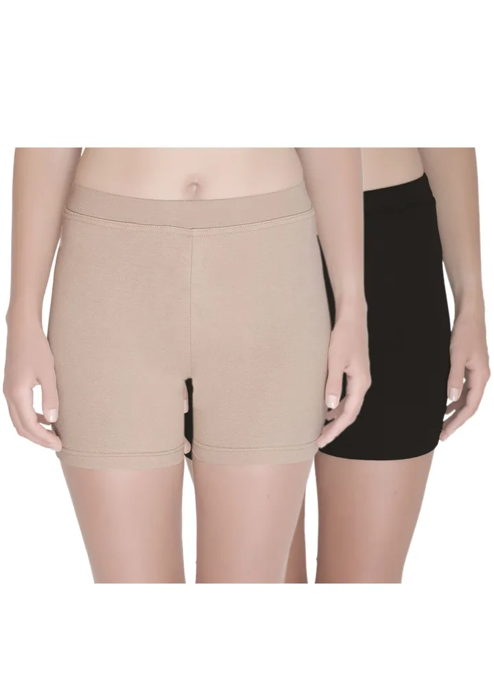 Women’s/Girl’s Cotton Lycra High Waist Under Skirt/Cycling Shorts, (Pack Of 2) Black/Beige