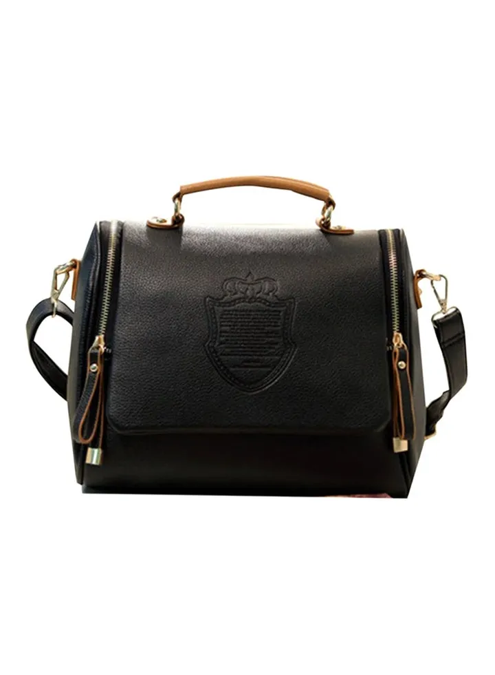 Portable Leather Zipper Crossbody Bag Black