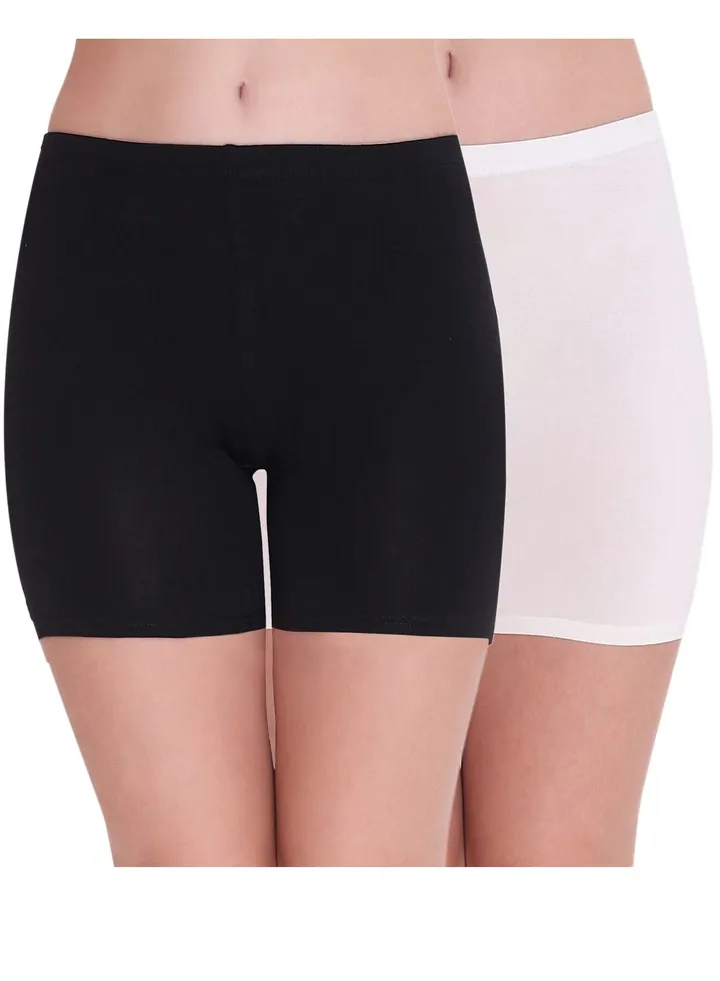 Women's Cotton Lycra Cycling/Yoga/Night/Under Skirt Safety Shorts (Pack of 2), Black/White