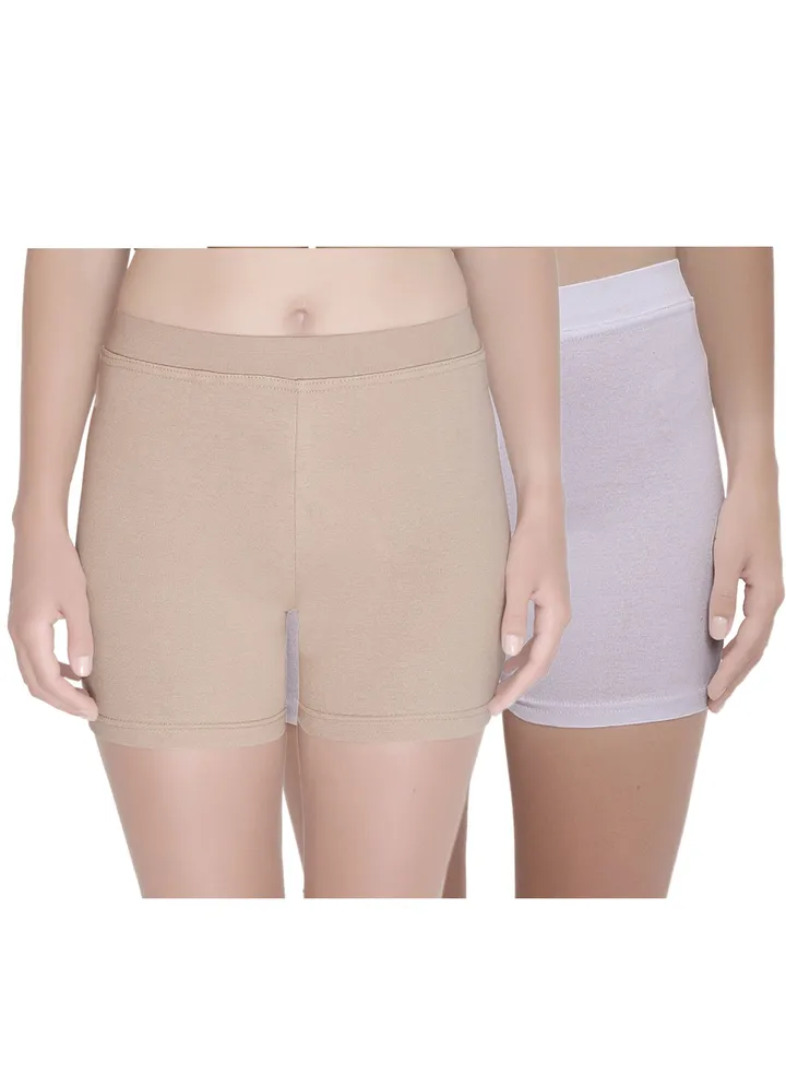 Women’s/Girl’s Cotton Lycra High Waist Under Skirt/Cycling Shorts, (Pack Of 2) White/Beige