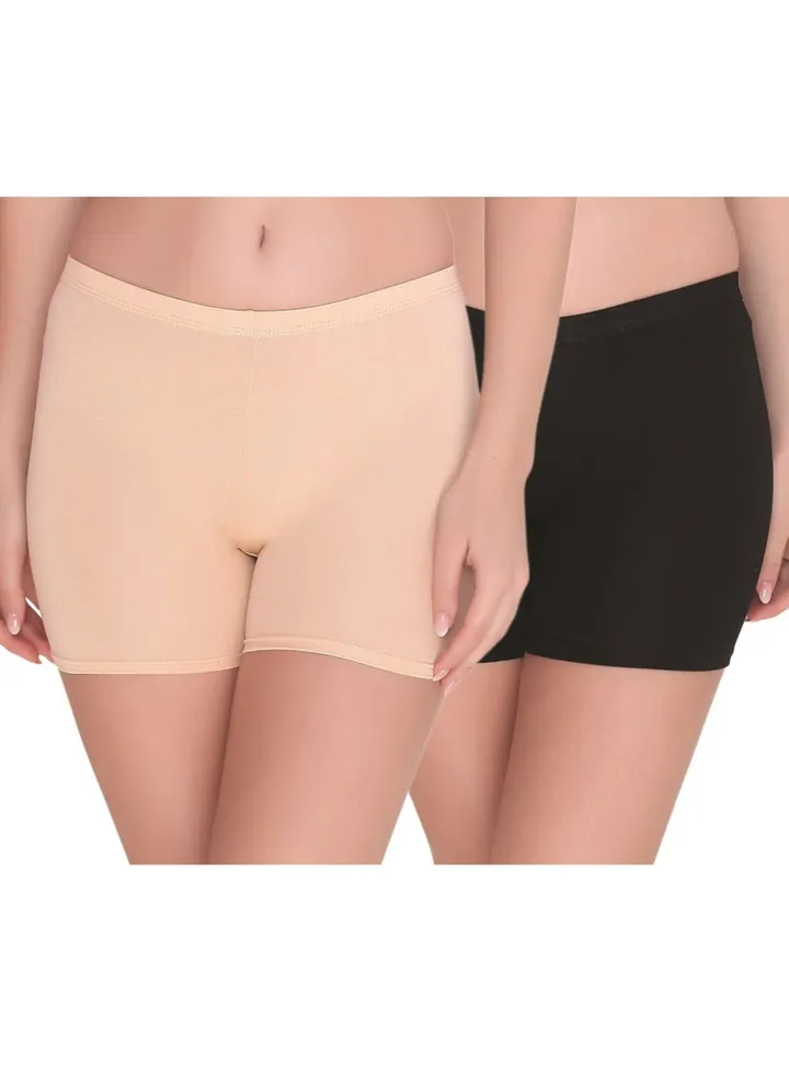 Women's Cotton Lycra Boyshort Panty (Pack of 2), Black/Beige