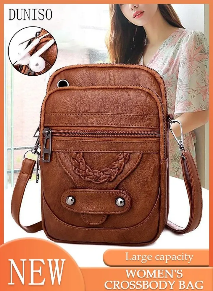 Compact Crossbody Bag for Women Mini Faux Leather Shoulder Bag Multifunction Soft Handbag With Detachable Strap and Headphone Hole For Phone Purse (Brown)
