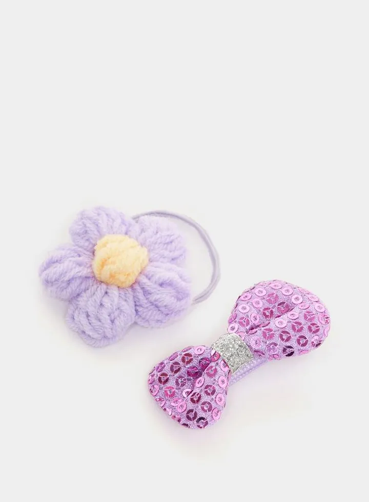 Set of 2 - Sequin Detail Bow and Woven Floral Hair Clip