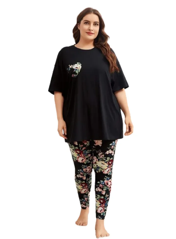women's pajama set with solid shirt and floral pants