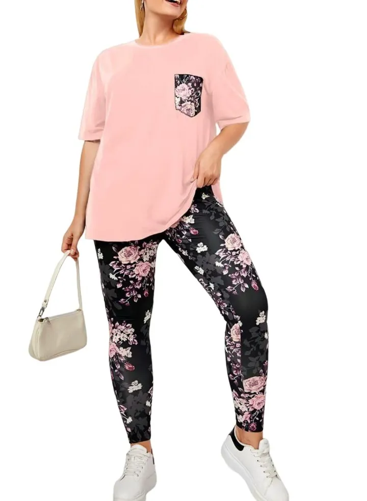 Women's cotton pajamas with long floral pants with short sleeves and a round neck