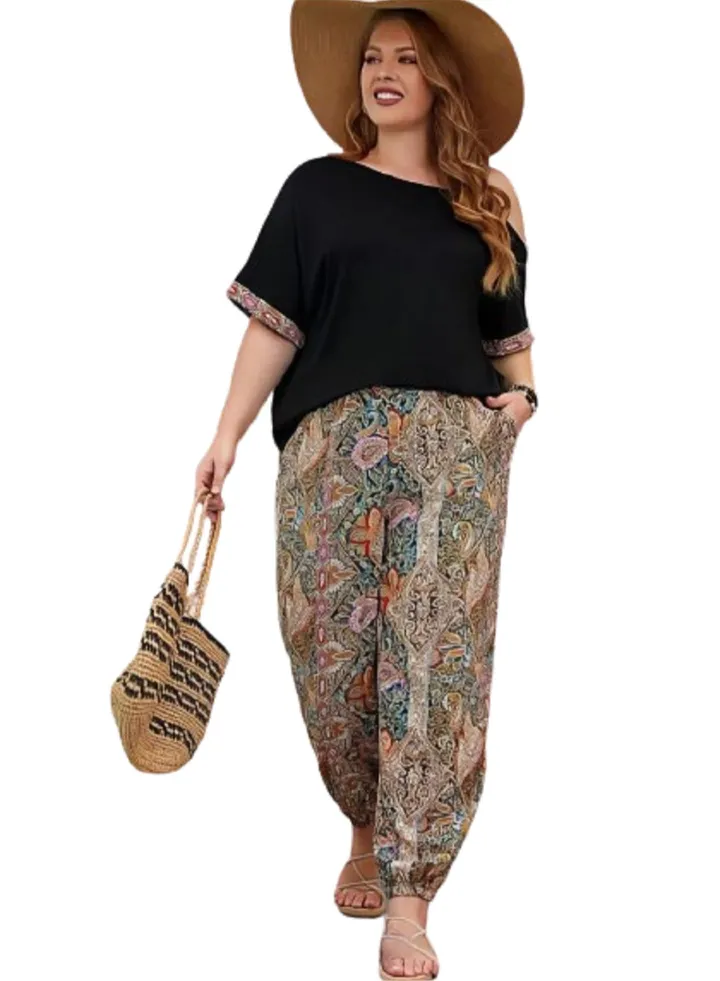 women's pajama set with solid shirt and floral pants
