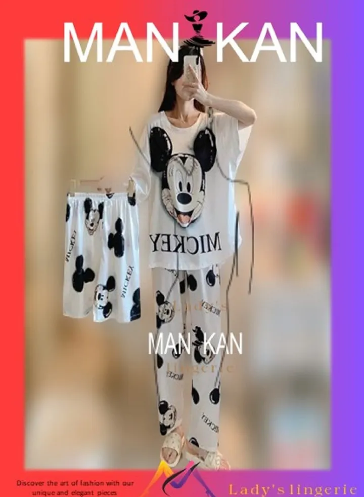 طقم بيجامة كاجوال مطبوع عليه كارتون، بنطال ماكسى ,هوت شورت ,ملابس نوم وملابس مريحة للنساء من براند مانيكان