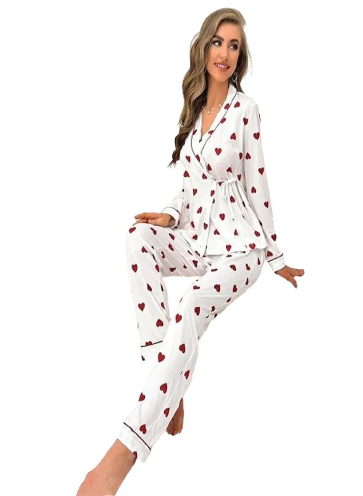Women's home pants pajama set with hearts - white