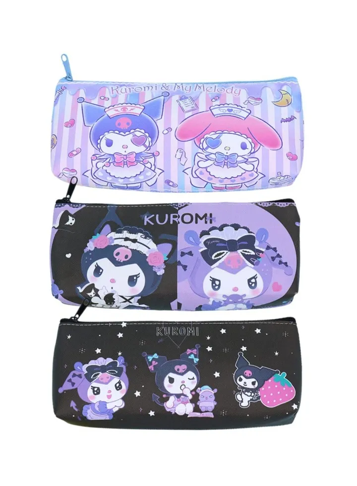 3 Pcs Black Kuromi Pencil Case for Girls, Cute Kuromi Pencil Bag Stationary School Supplies Anime Figures Pencil Case with Smooth Zip PU Storage Pouch Make Up Cosmetic Bag Cute Pencil Case