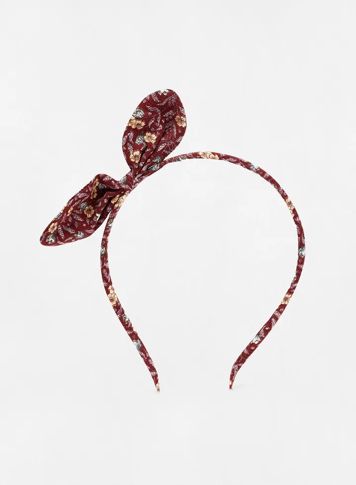 Kids Floral Print Bow Headband Maroon