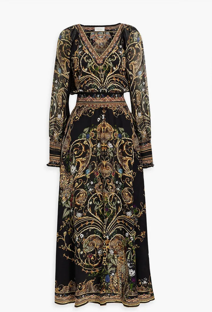 Embellished printed silk crepe de chine maxi dress