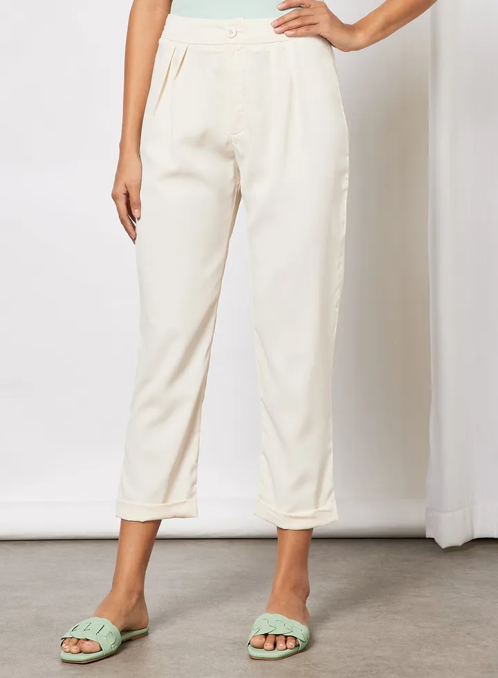 Women High Waist Solid Double Hem Slight Pants Beige